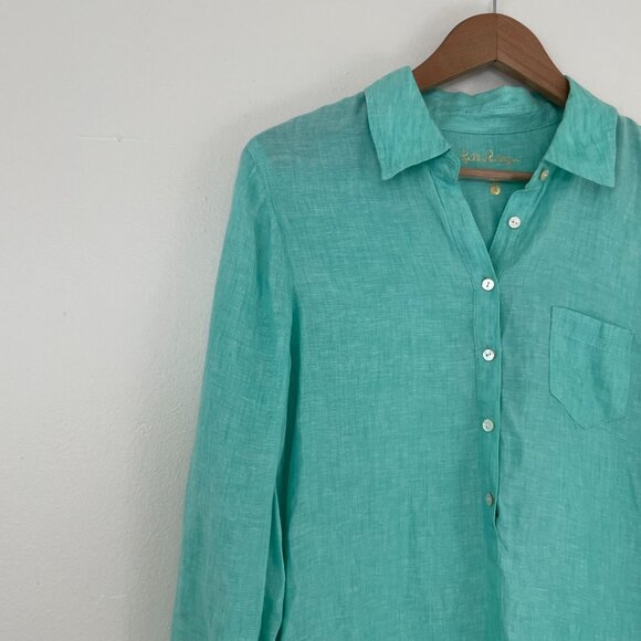 Lilly Pulitzer Deanna Green Linen Collared Popover Tunic Top Size 4 - Picture 5 of 5